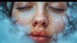 A close-up of a womans face peacefully submerged in water, creating a tranquil and ethereal scene