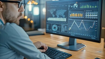 Poster - A man sitting at a desk in a well-lit office space, focused on his computer screen as he diligently works, A person analyzing statistical data on computer screen