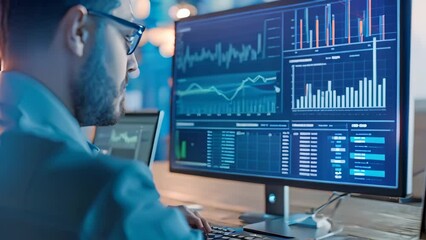 Sticker - A man earnestly engages in work while sitting in front of a computer monitor, his attention fixed on the screen, A person analyzing statistical data on computer screen