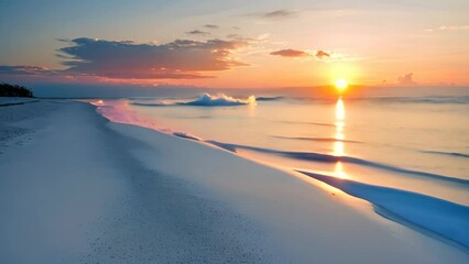 Poster - The Sun Sets Over the Water at the Beach, A pristine, white sandy beach with a clear view of the horizon at sunset