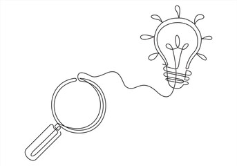 Wall Mural - Bulb and magnifying Vector combined.Idea Find Symbol for Innovation, Research, Solution, inspiration, Analysis, Intelligence, Invention, Finder.Continuous line drawing