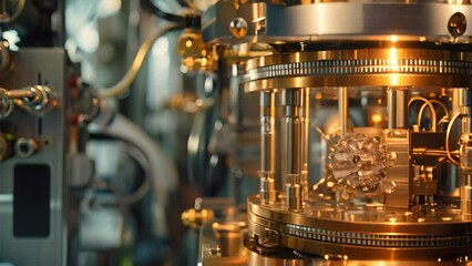 Poster - A detailed view of the inner workings of a machine, featuring a prominently displayed clock, A quantum computer in a high-tech laboratory
