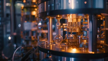 Poster - A detailed view of a mechanical device at work within the confines of a manufacturing plant, A quantum computer in a high-tech laboratory