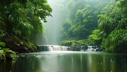 Canvas Print - A river flows steadily as it cascades down a breathtaking waterfall in a natural setting, A river flowing calmly through a secluded rainforest