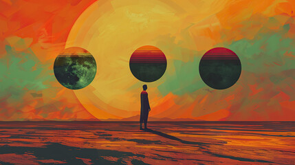 Wall Mural - Person with planets in desert