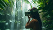 A woman explores a digital rainforest via VR, merging reality with virtuality