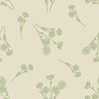 Contour drawing of daisies isolated on a beige background. Green outline chamomile flower on beige. Seamless pattern, hand drawn. Background for cover, textile, dishes, interior decor.
