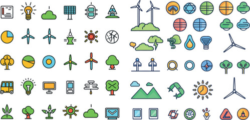 Aufkleber - Green energy color line icons. Green power types or green technologies line icons vector
