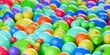 Heap of different sized colourful spectrum or rainbow colored spheres or balls, color, education or playing concept background, selective focus