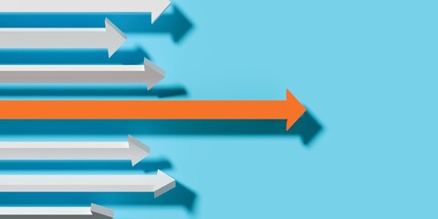 Wall Mural - group of white arrows with one orange leading on blue background, business success, teamwork or lead