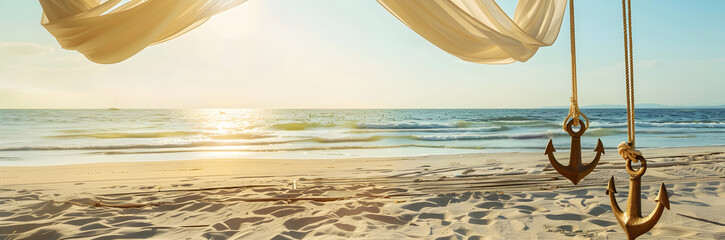Wall Mural - Beach canopy anchors web banner. Beach canopy anchors isolated on sandy background with copy space.