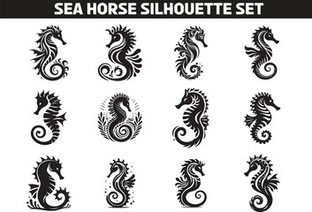 Canvas Print - Seahorse Silhouette Vector Illustration Set