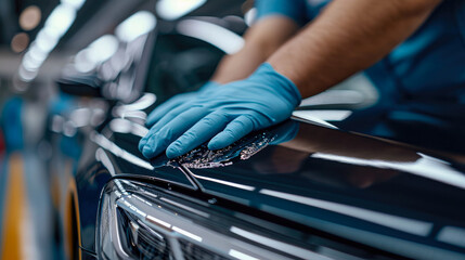 technician applying a paint sealant to a luxury sedan, focusing on the hands-on process