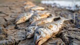 Fototapeta Londyn - Close-up of dead fish on a dried river bed, result of water shortages