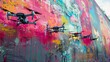 Four drones flying in front of a colorful graffiti wall.