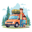 © Vectorvstocker - Man child ready road trip next orange SUV cargo roof, standing nature mountains trees. Both smiling, man wearing plaid shirt, child shorts tshirt, adventure, family time. Cartoon style outdoor