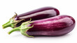 Two fresh uncooked purple eggplants on a white background