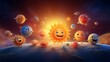 In a whimsical cartoon interpretation, the solar system is populated by charming and lovable characters, including a cheerful sun and a cast.