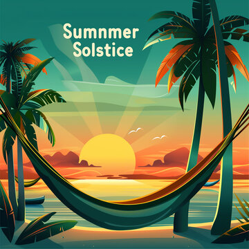 illustration of Summer Solstice displaying a sunset over a serene beach