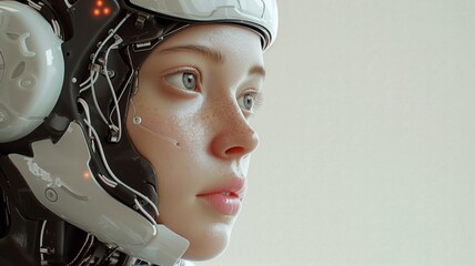 A robot with detailed facial features in profile, resembling a young woman, on a flawless white background, demonstrating the fusion of artificial intelligence and robotics.