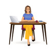 Beautiful business woman wearing bright clothes using laptop computer sitting at the desk full body isolated vector illustration