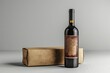 A bottle of wine is sitting on top of a cardboard box