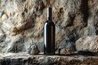 A bottle of wine is sitting on a rock