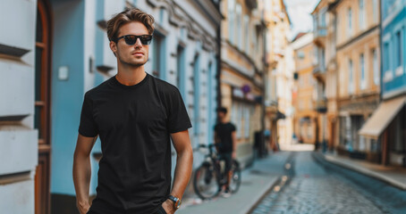 A man in a black shirt is walking down a city street