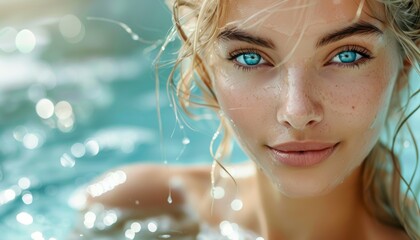 Wall Mural - A woman with blue eyes and blonde hair is in a pool