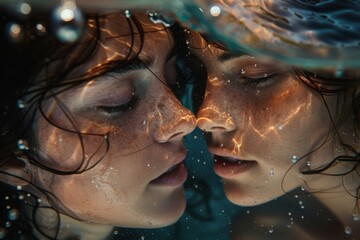 Wall Mural - Two women are in a pool of water, their faces reflecting in the water