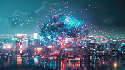 Wall Mural - abstract background, illustration of beautiful glowing tree growing on cities representing digital technology in studio.