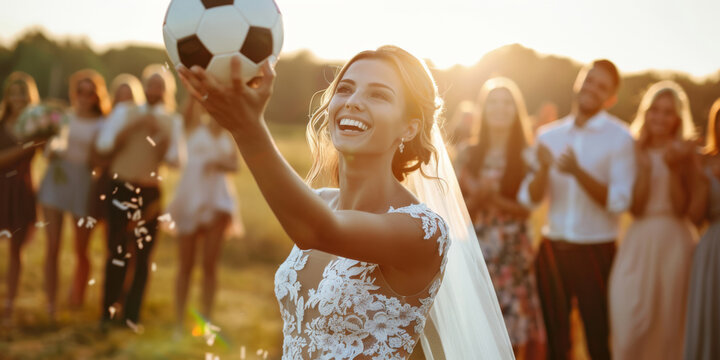 The beautiful bride holds a classic soccer ball in her hands instead of a bouquet of flowers. She is about to throw the ball behind her head. Be crazy about football