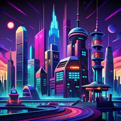 Wall Mural - Neon cityscapes with futuristic buildings and glowing lights for tech and sci-fi projects.