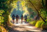 Fototapeta Kuchnia - Pilgrims with backpacks walking the Camino de Santiago in Spain, Way of St James