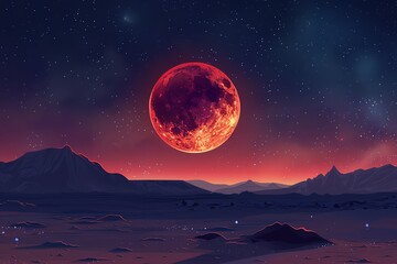 Total lunar eclipse, realistic, deep red moon, clear night sky