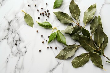 Bay leaves and peppercorns on a marble surface, Bay leaves and scattered peppercorns on white marble, red berries add color contrast, culinary ingredients neatly arranged, natural lighting, top view.