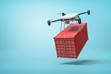 Poster - 3d rendering of drone lifting red shipping container on blue background