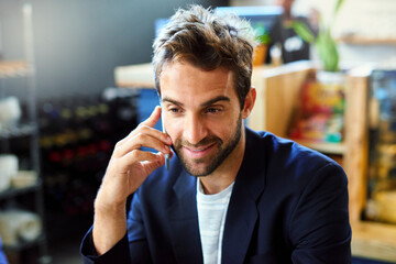 Poster - Phone call, smile and thinking with business man in office for communication, networking or planning. Contact, idea and negotiation with happy young design employee talking on mobile in workplace