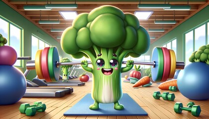 Broccoli character engaging in fitness activities, humorously lifting dumbbells as part of a workout routine, symbolizing the fusion of sport activity, healthy eating, and strength training.