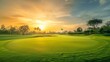 Breathtaking view of a serene golf course, fairways stretching into the distance under the golden light of dawn