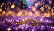Shiny sapphire glittery bokeh with purple and gold colors sparkling festive light spotted backdrop.