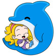 little blonde girl hugging and playing with dolphins