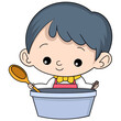 little boy is learning to cook alone