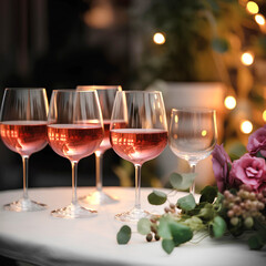 Glasses of pink wine on the table outdoors on blurred background.