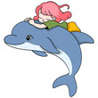 red haired little girl riding a dolphin swimming in the sea