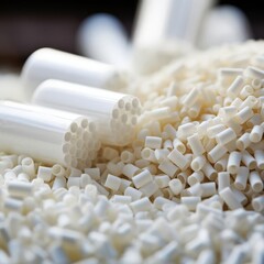 A close-up of biodegradable materials, such as cornstarch pellets, promoting eco-friendly alternatives in packaging industries