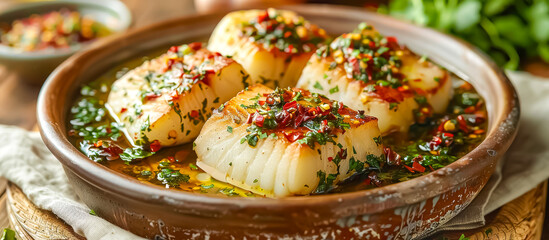 Bacalao al pil pil is a traditional Basque dish made with salted cod cooked in olive oil with garlic and chili peppers