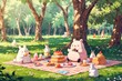 A group of cartoon animals are having a picnic in a park