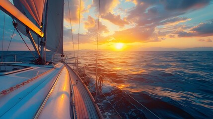 Wall Mural - Sailing yacht sailing in the open sea at sunset, view from deck to cabin of luxury sailboat. 
