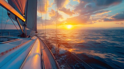 Sticker - Sailing yacht sailing in the open sea at sunset, view from deck to cabin of luxury sailboat. 